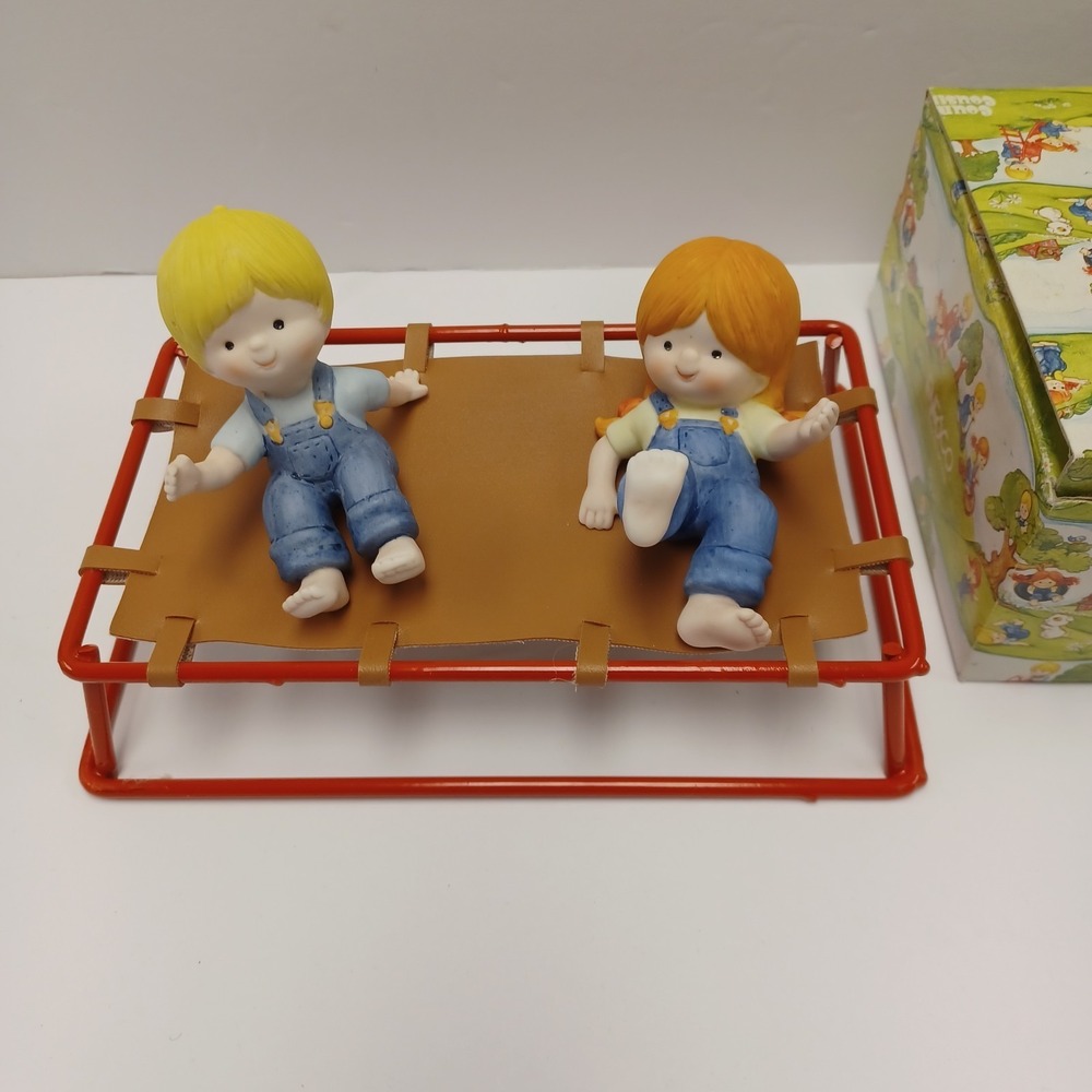 Enesco Country Cousins Katie & Scooter With Metal Trampoline 1989 3 Piece Set‎